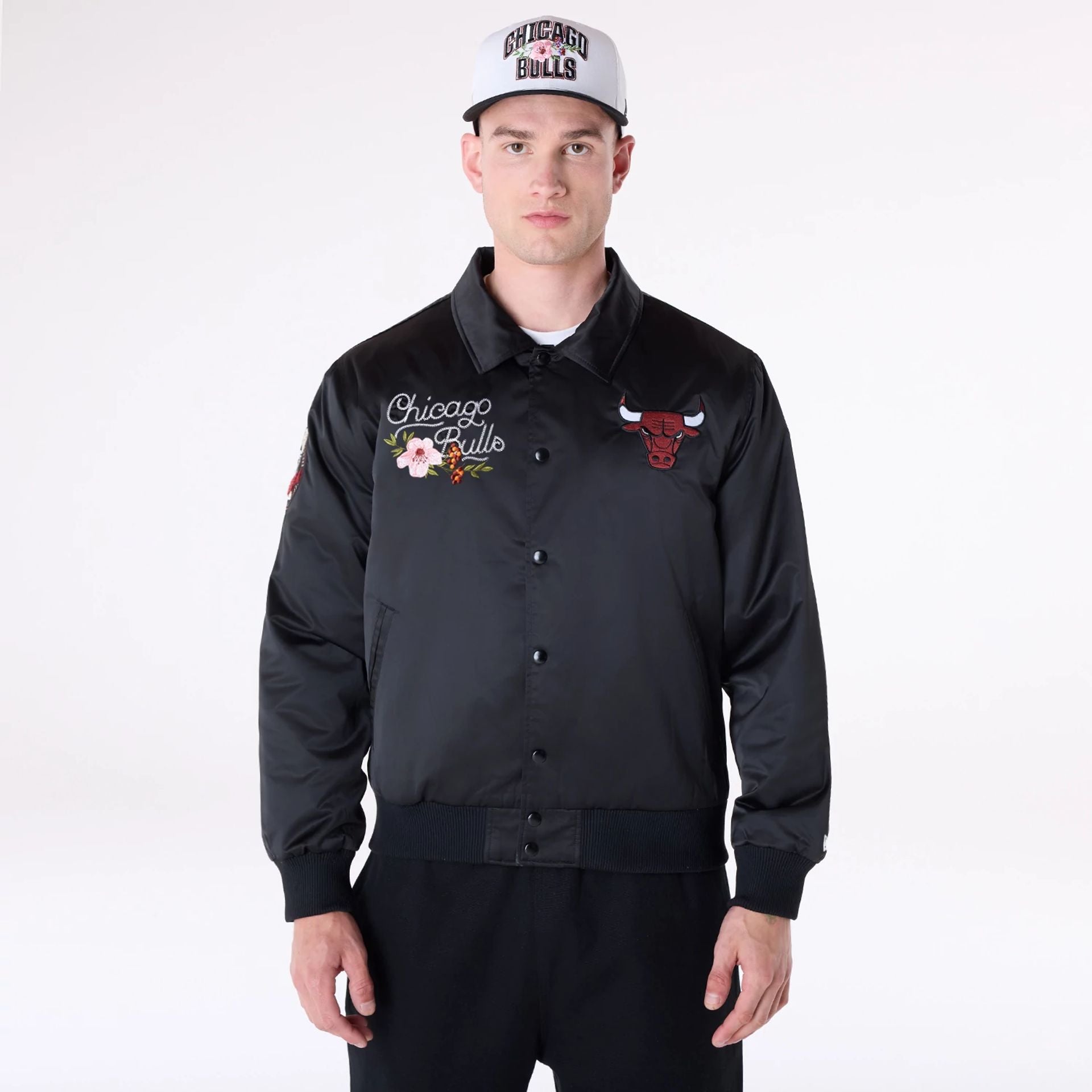 The Male model is wearing Chicago Bulls NBA Floral Black Jacket 1