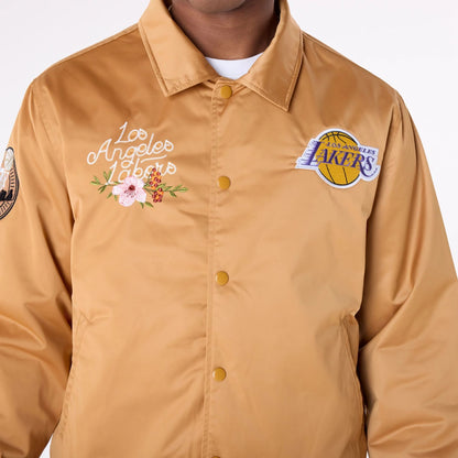 The Male model is wearing LA Lakers NBA Floral Dark Beige Jacket 5