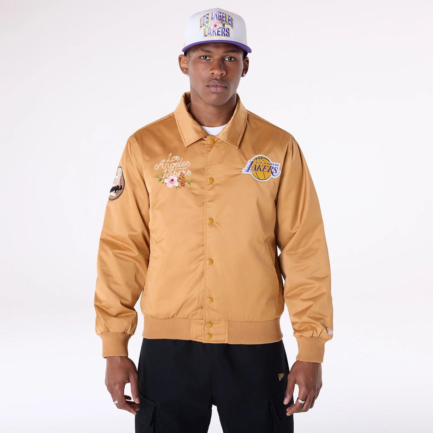 The Male model is wearing LA Lakers NBA Floral Dark Beige Jacket 1