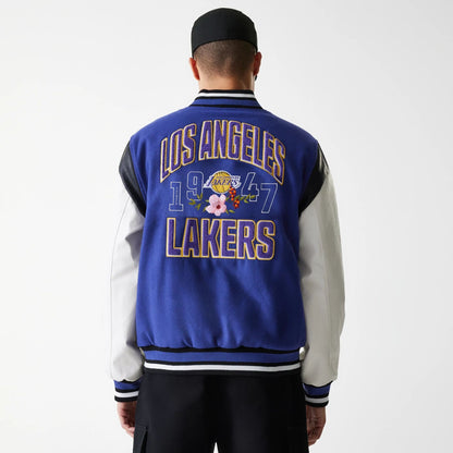 The Male model is wearing LA Lakers NBA Floral Dark Blue Varsity Jacket 2