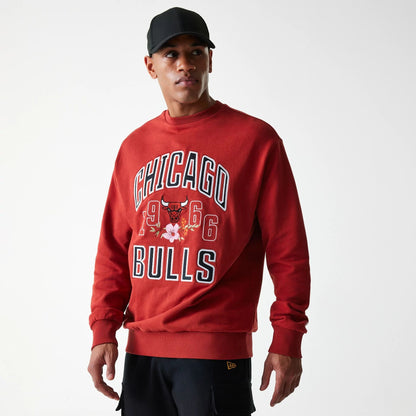 The Male model is wearing Chicago Bulls NBA Floral Red Oversized Crew Neck Sweater 1