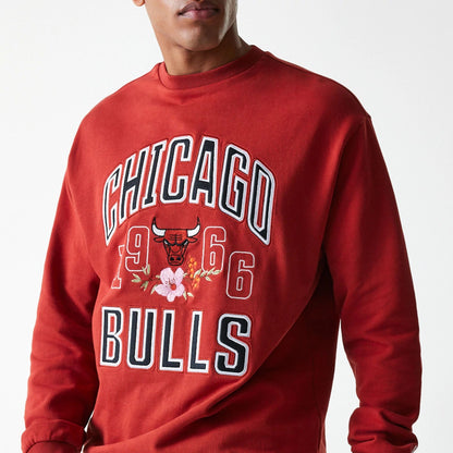 The Male model is wearing Chicago Bulls NBA Floral Red Oversized Crew Neck Sweater 7