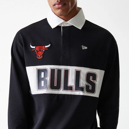 The Male model is wearing Chicago Bulls NBA Rugby Black Long Sleeve Polo 7