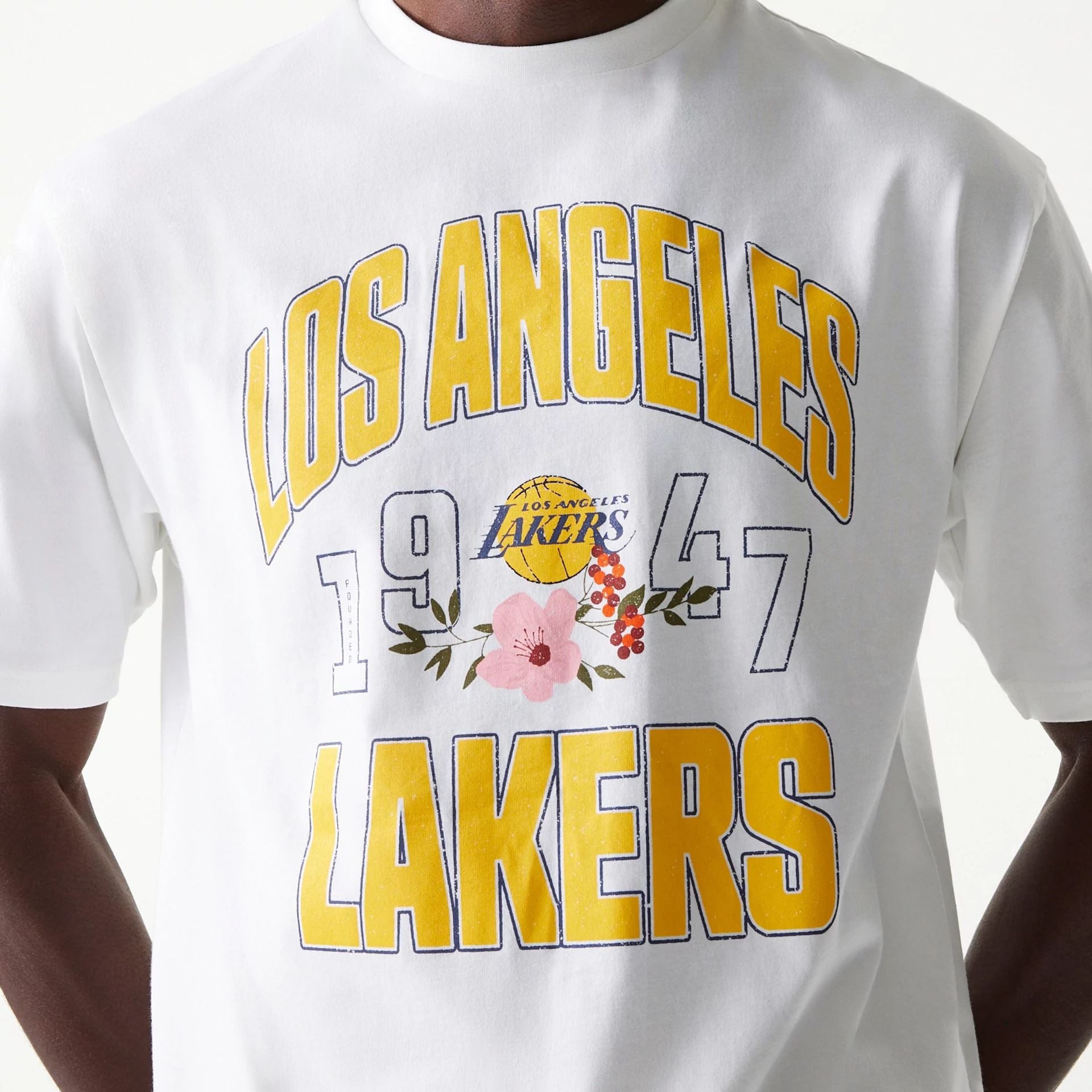 The Male model is wearing LA Lakers NBA Distressed White Oversized T-Shirt 3