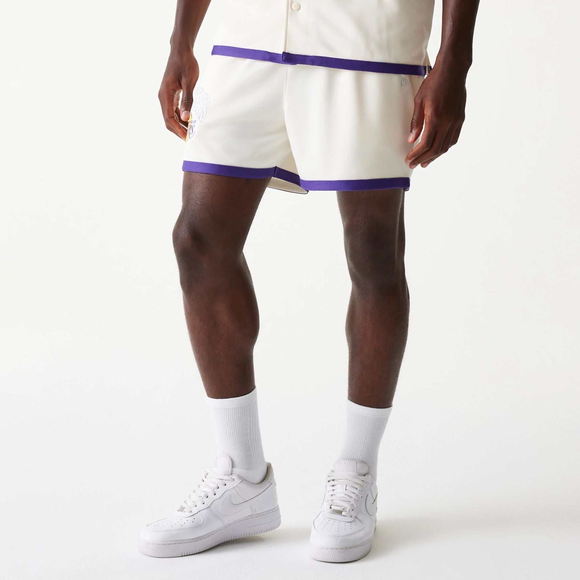 The Male model is wearing LA Lakers NBA Team Logo Open White Shorts 1