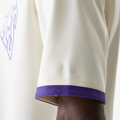 The Male model is wearing LA Lakers NBA Snap Button Open White Short Sleeve Shirt 4