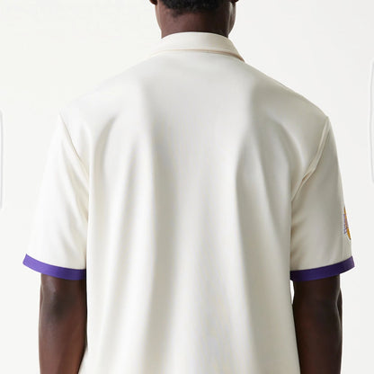 The Male model is wearing LA Lakers NBA Snap Button Open White Short Sleeve Shirt 6