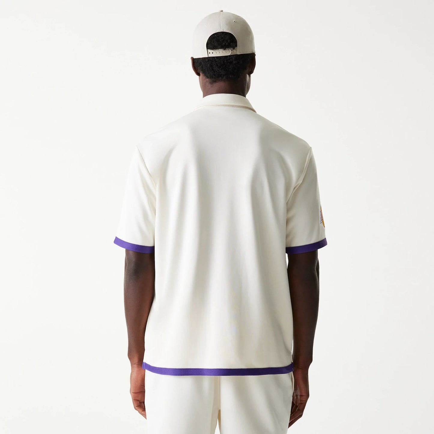 The Male model is wearing LA Lakers NBA Snap Button Open White Short Sleeve Shirt 7