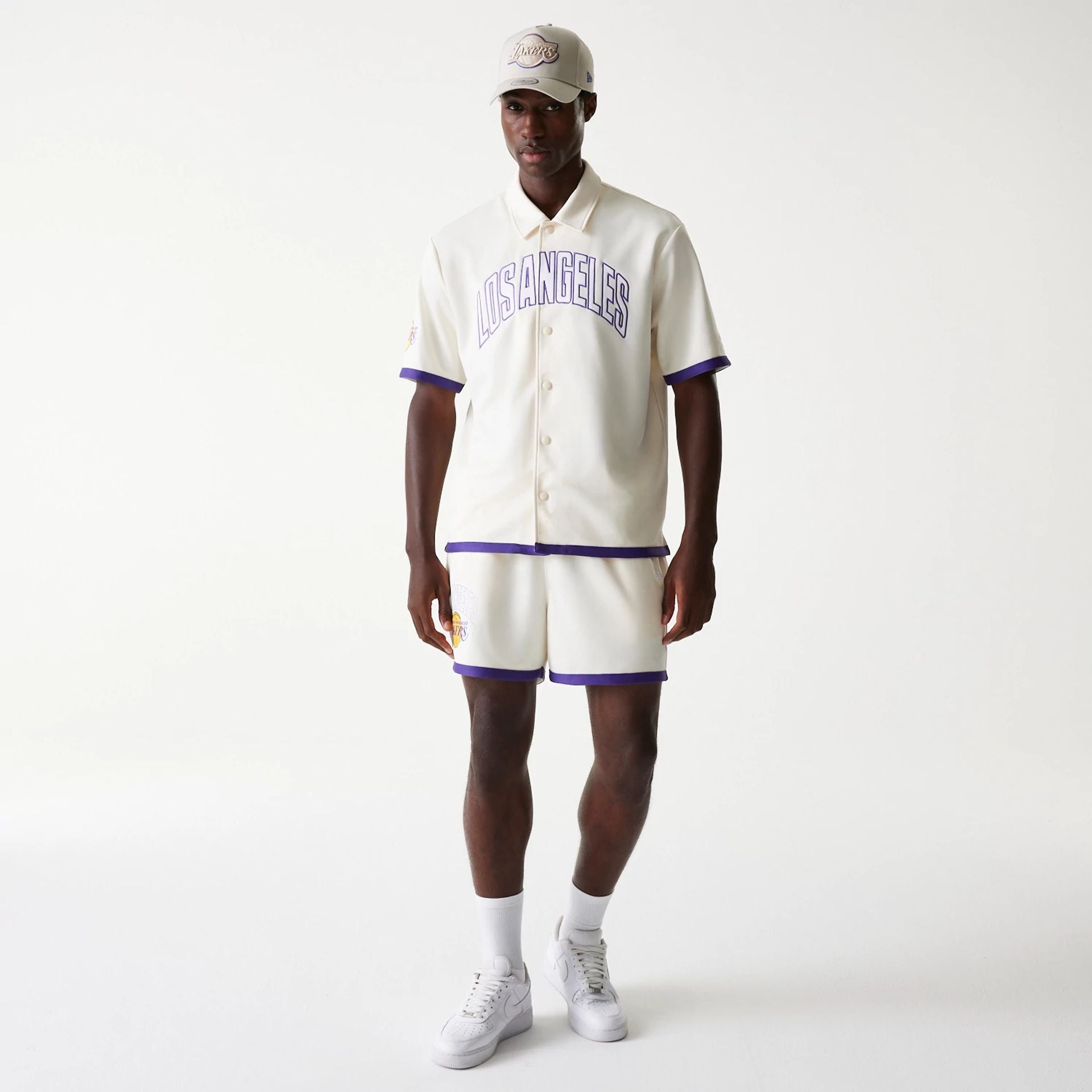 The Male model is wearing LA Lakers NBA Snap Button Open White Short Sleeve Shirt 8