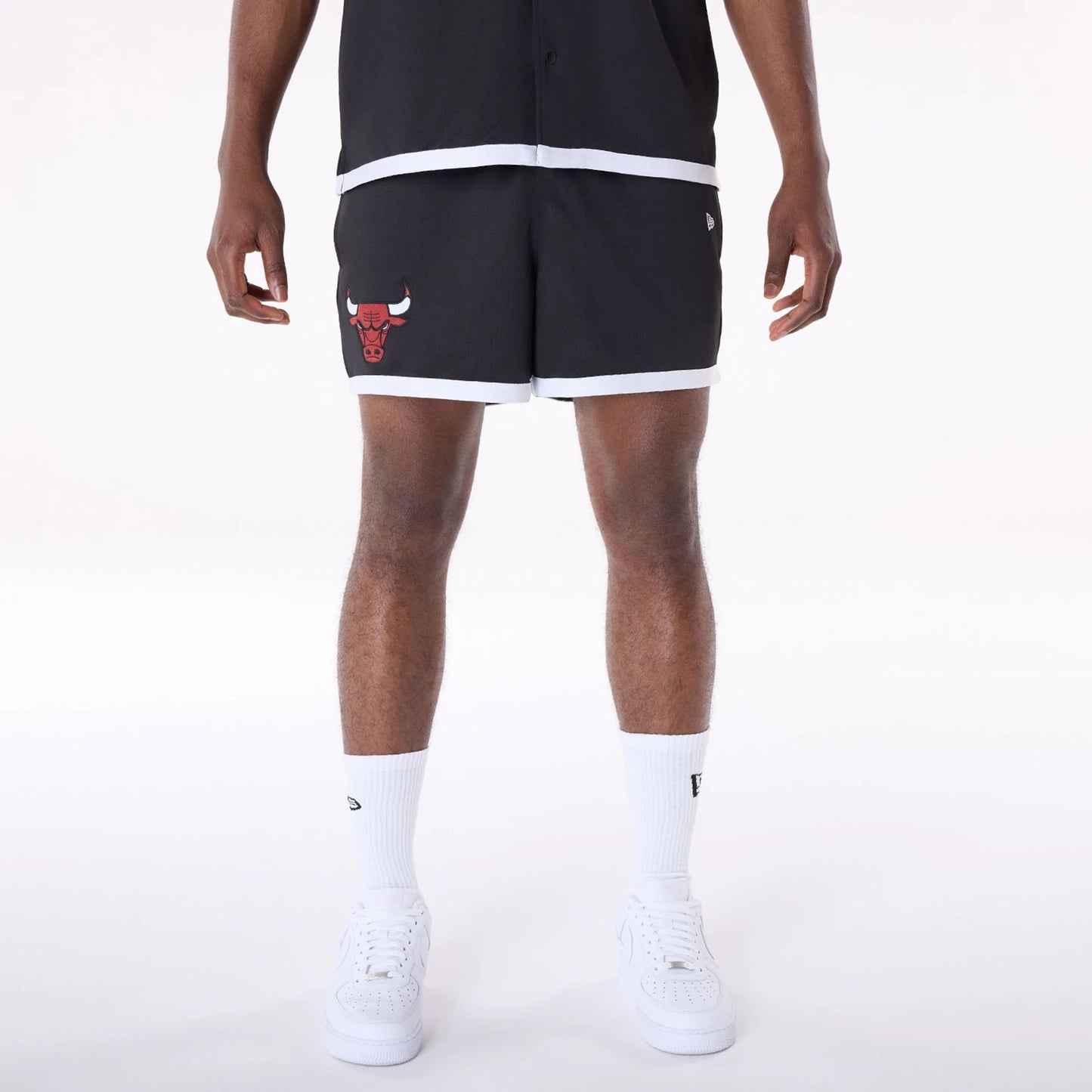 The Male model is wearing Chicago Bulls NBA Team Logo Black Shorts 1