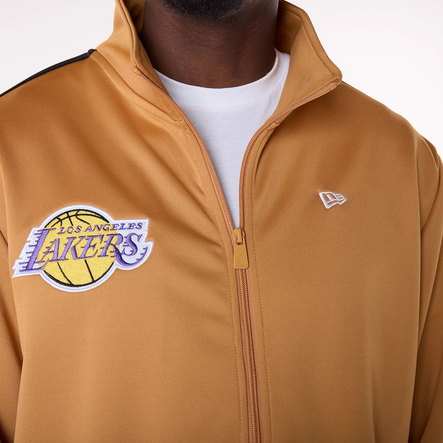 The Male model is wearing LA Lakers NBA Dark Beige Track Jacket 7