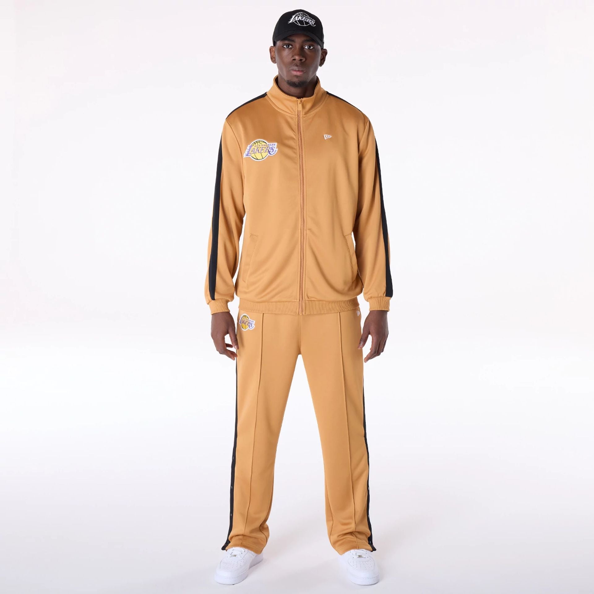 The Male model is wearing LA Lakers NBA Dark Beige Track Jacket 4