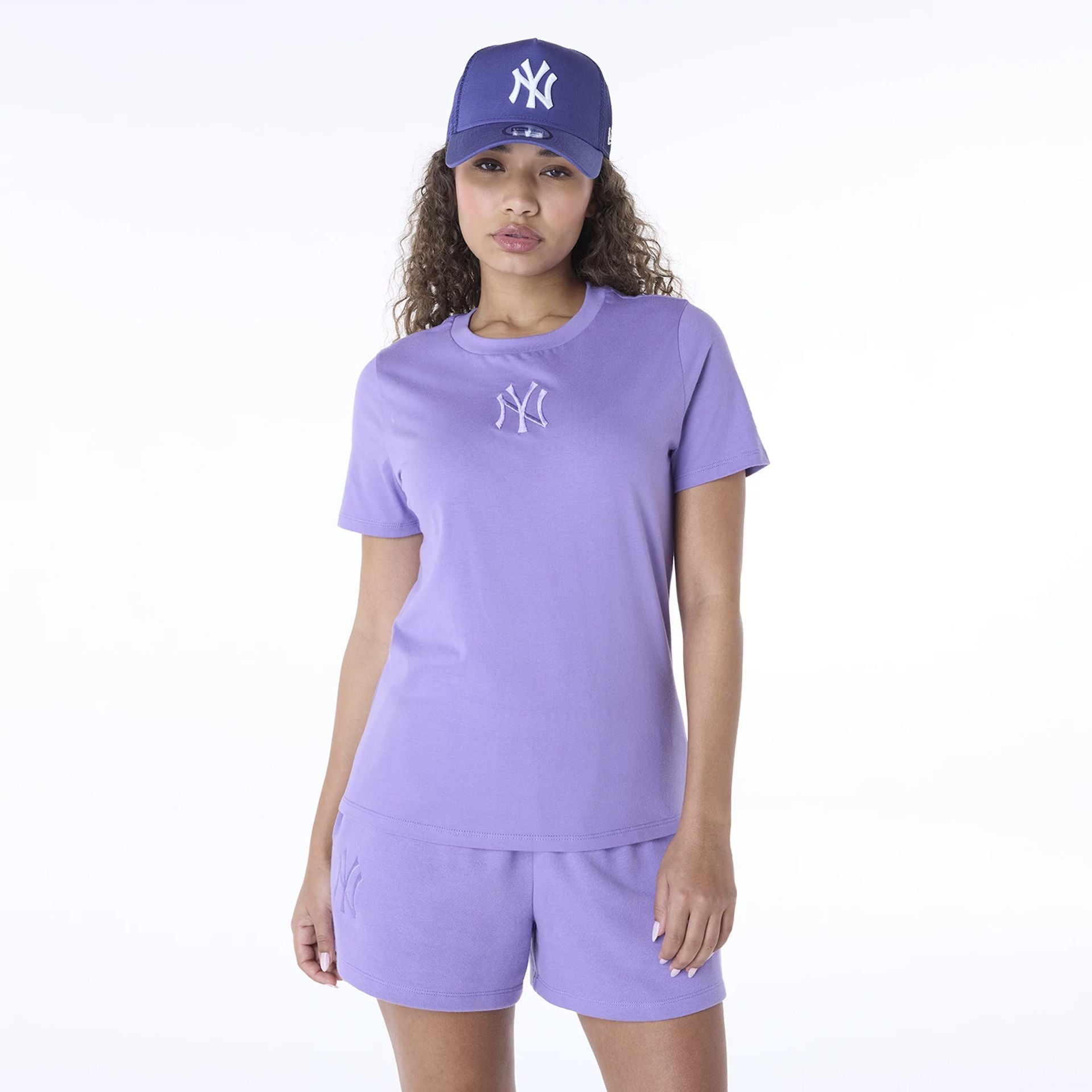 The Female model is wearing New York Yankees Womens MLB League Essential Purple T-Shirt 1