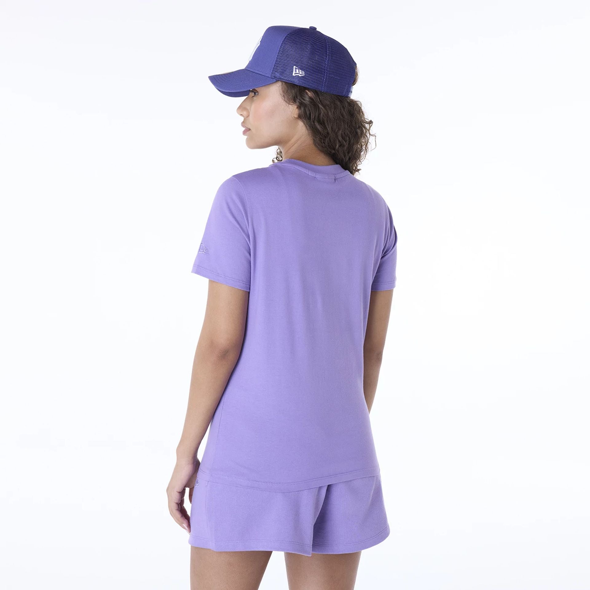 The Female model is wearing New York Yankees Womens MLB League Essential Purple T-Shirt 2