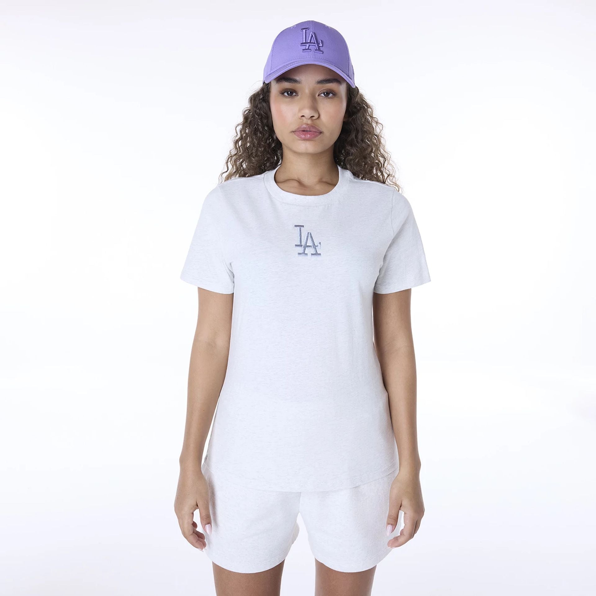 The Female model is wearing LA Dodgers Womens MLB League Essential Pastel Grey T-Shirt 1