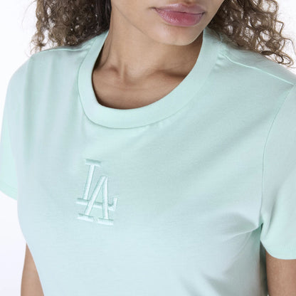 The Female model is wearing LA Dodgers Womens MLB League Essential Pastel Green T-Shirt 4