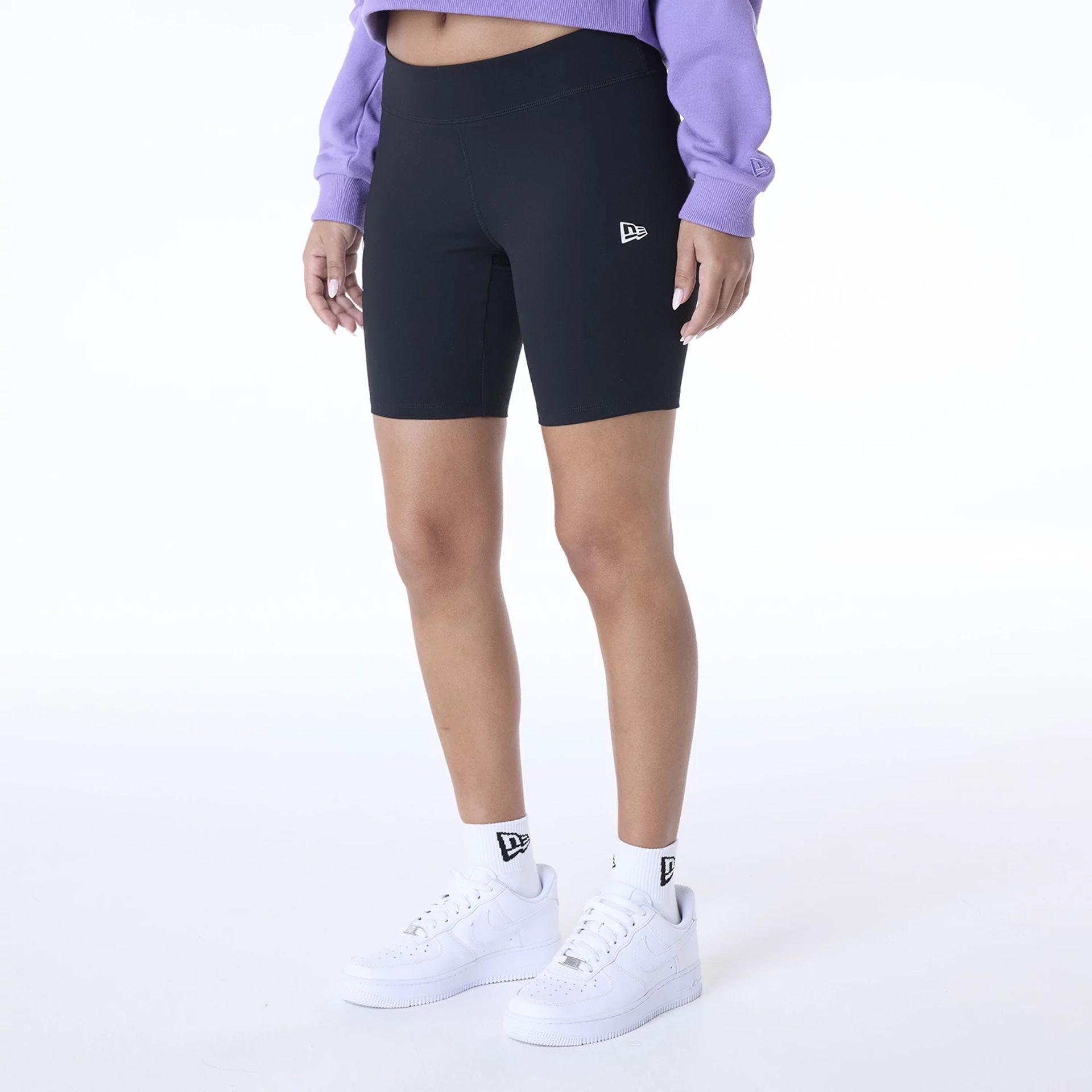 The Female model is wearing New York Yankees Womens MLB League Essential Black Cycling Shorts 2