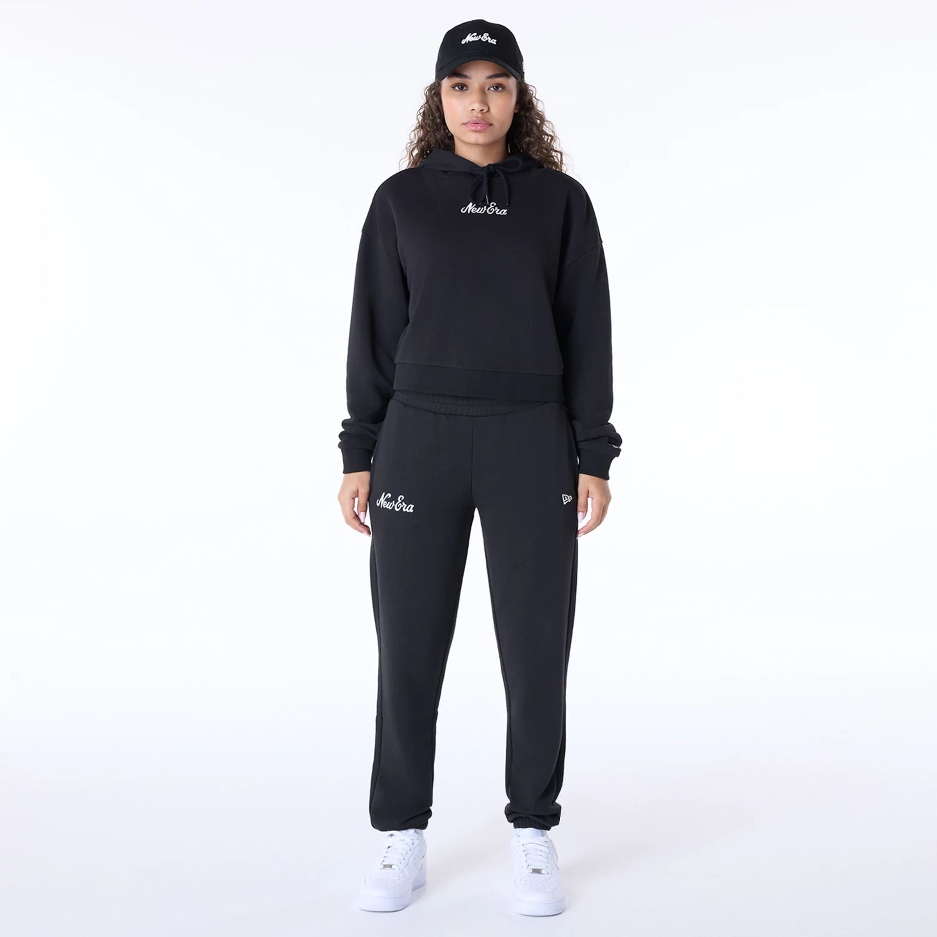 The Female model is wearing Womens New Era Script Black Pullover Hoodie 8