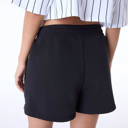 The Female model is wearing Womens New Era Script Black Shorts 6