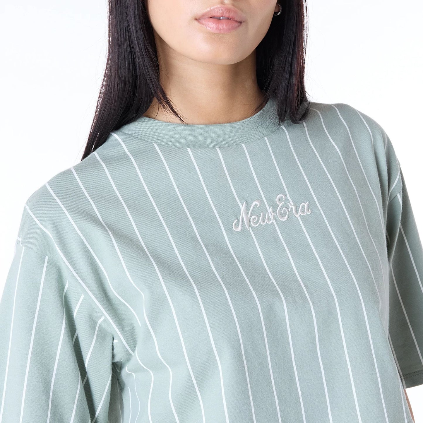 The Female model is wearing Womens New Era Pinstripe Pastel Green T-Shirt 5