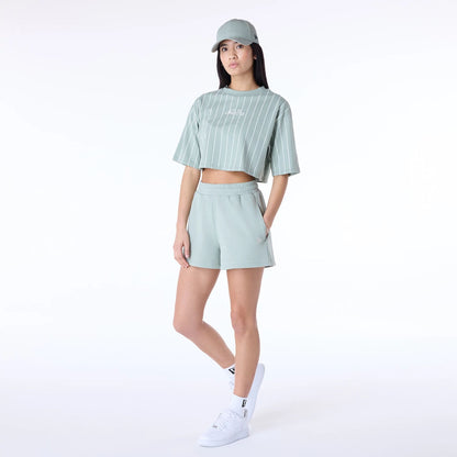 The Female model is wearing Womens New Era Pinstripe Pastel Green T-Shirt 8