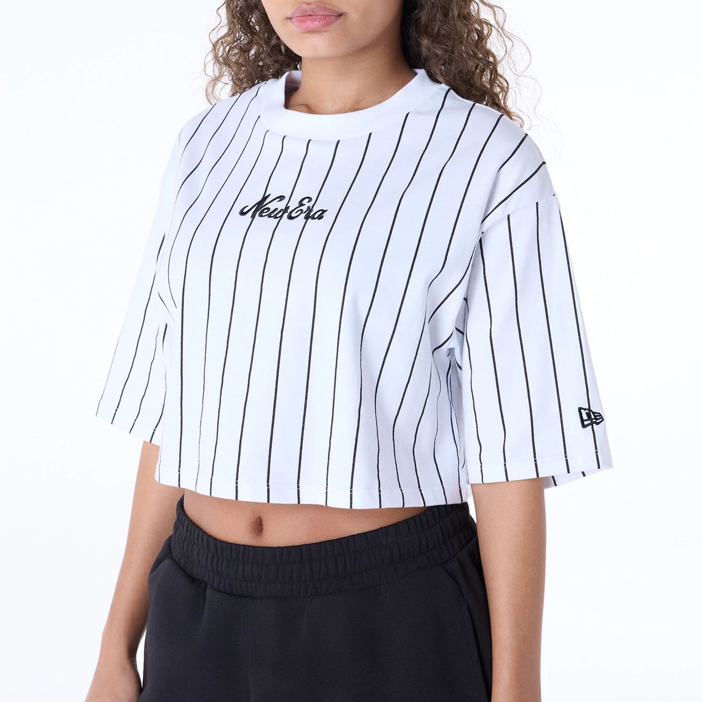 The Female model is wearing Womens New Era Pinstripe White T-Shirt 2