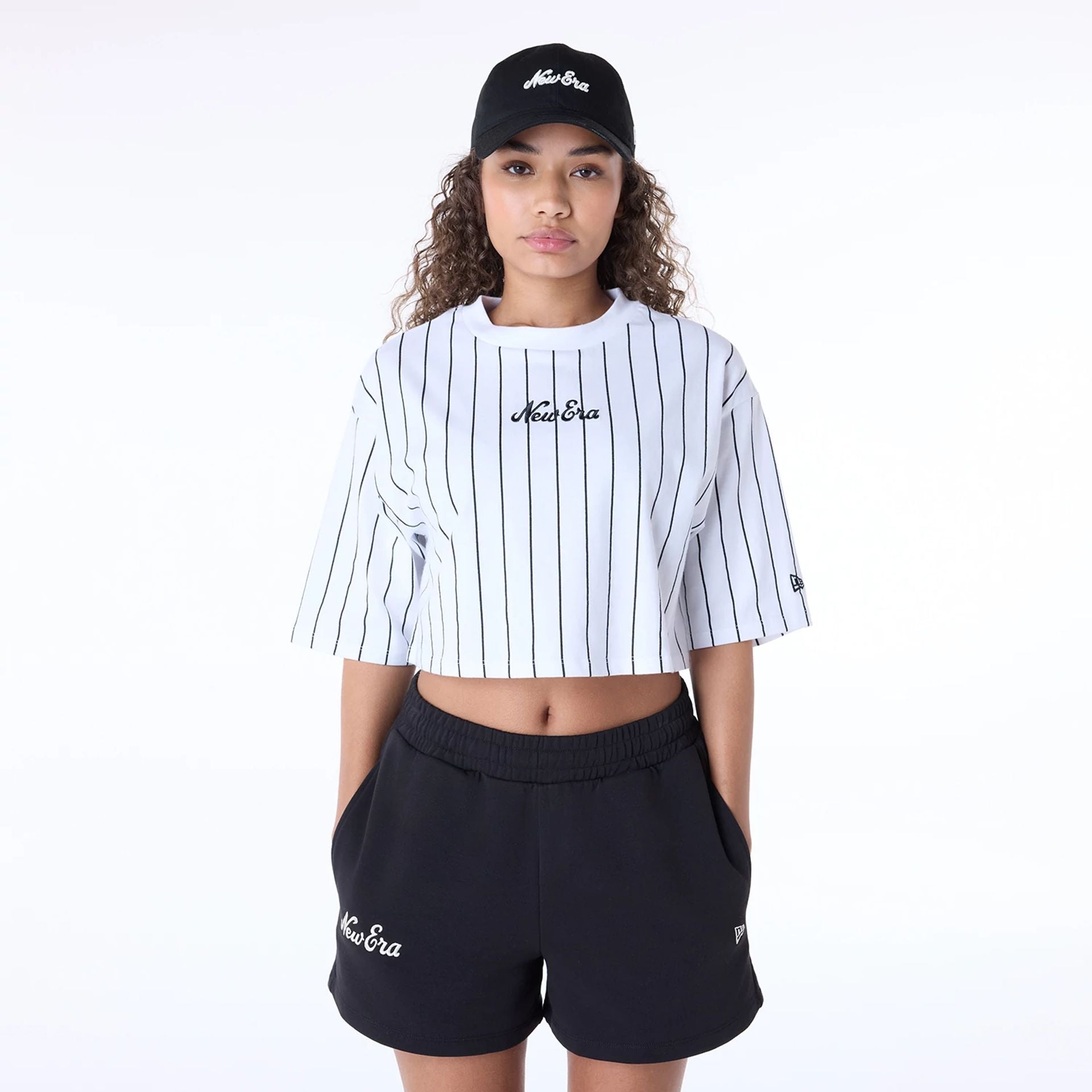 The Female model is wearing Womens New Era Pinstripe White T-Shirt 1