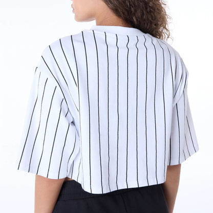 The Female model is wearing Womens New Era Pinstripe White T-Shirt 6