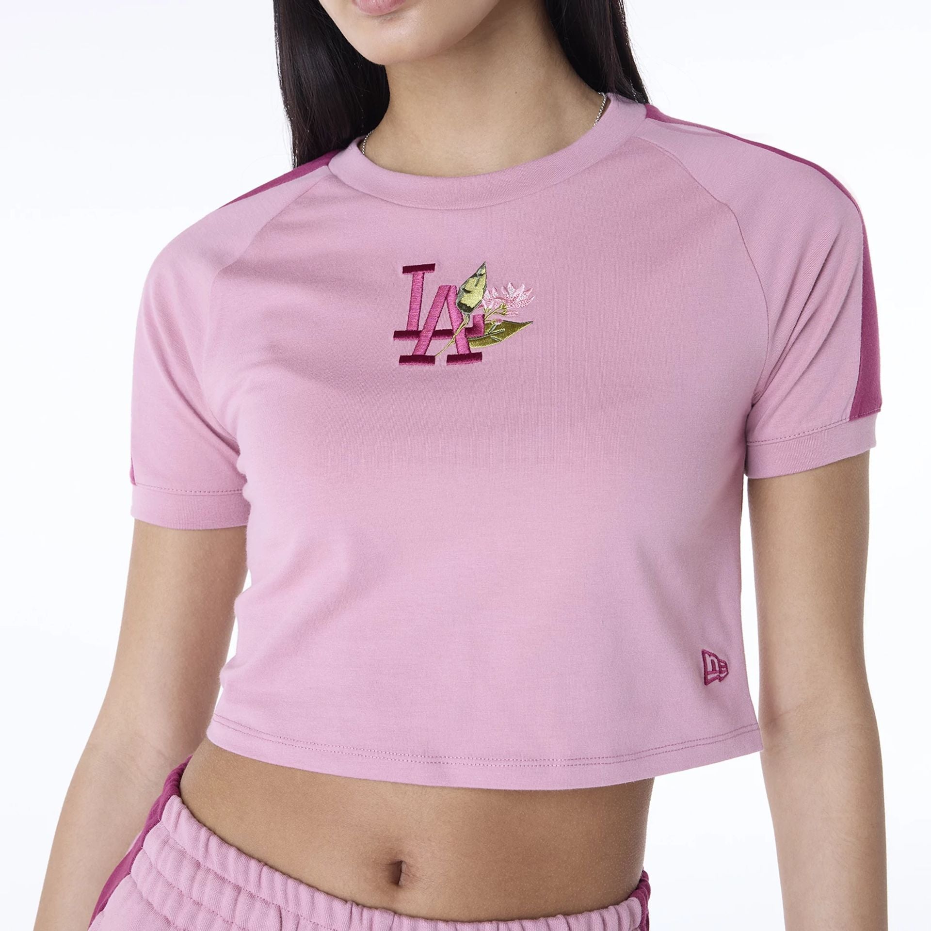 The Female model is wearing LA Dodgers Womens MLB Floral Dark Pink T-Shirt 8