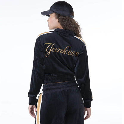 The Female model is wearing New York Yankees Womens MLB Velour Black Track Jacket 5