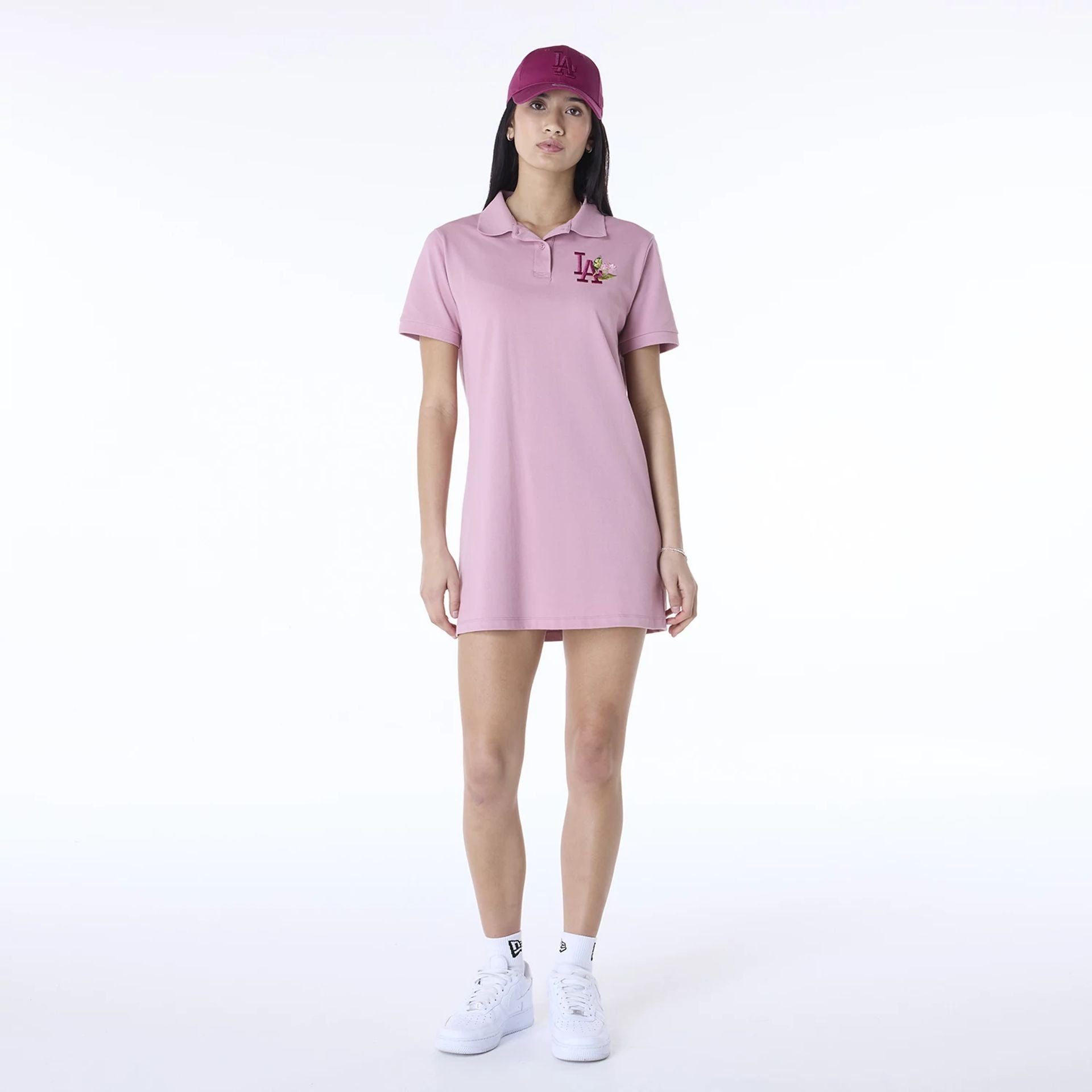 The Female model is wearing LA Dodgers Womens MLB Dark Pink Tennis Dress 3