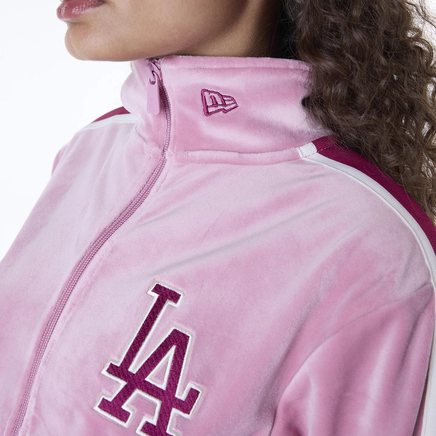 The Female model is wearing LA Dodgers Womens MLB Velour Dark Pink Track Jacket 6