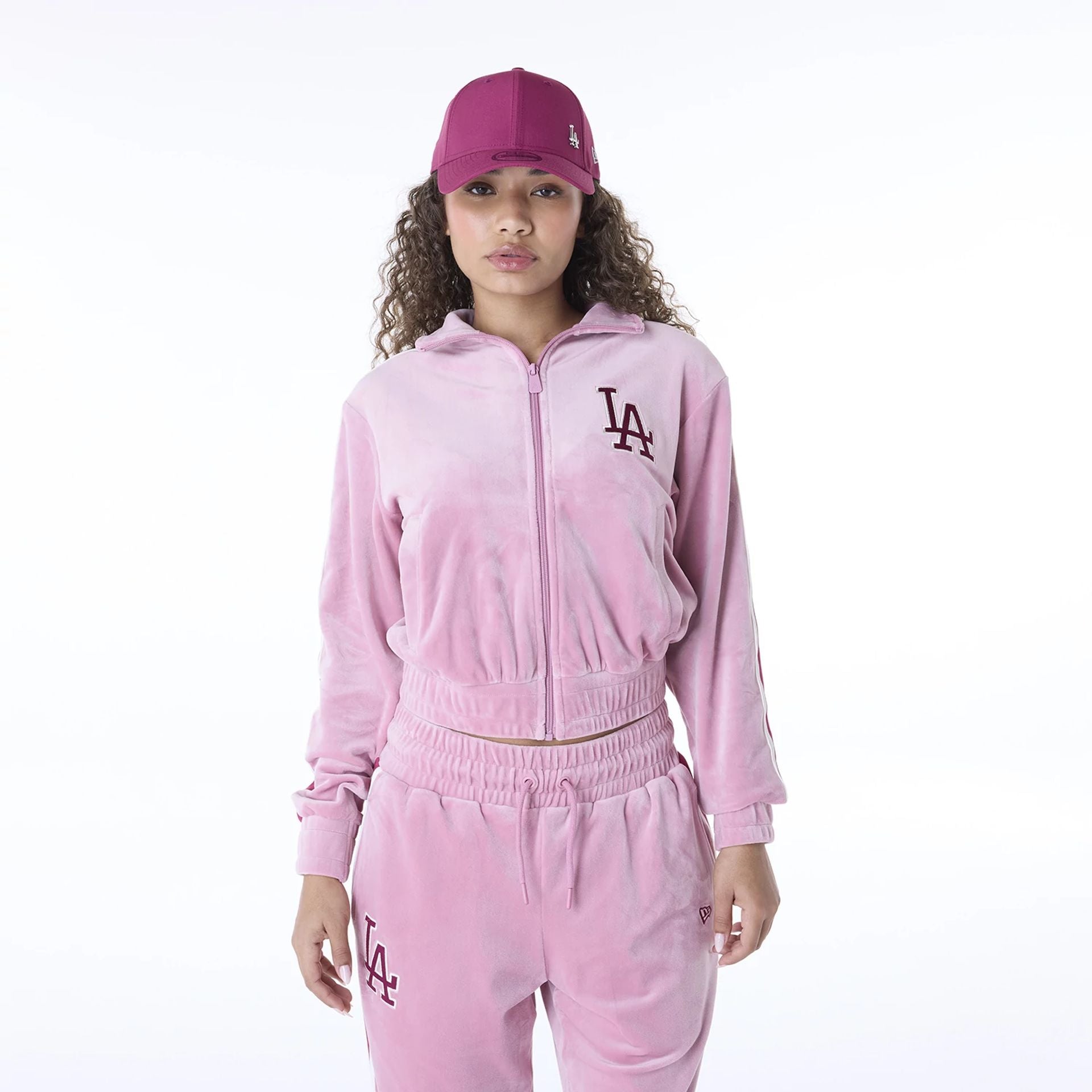 The Female model is wearing LA Dodgers Womens MLB Velour Dark Pink Track Jacket 1