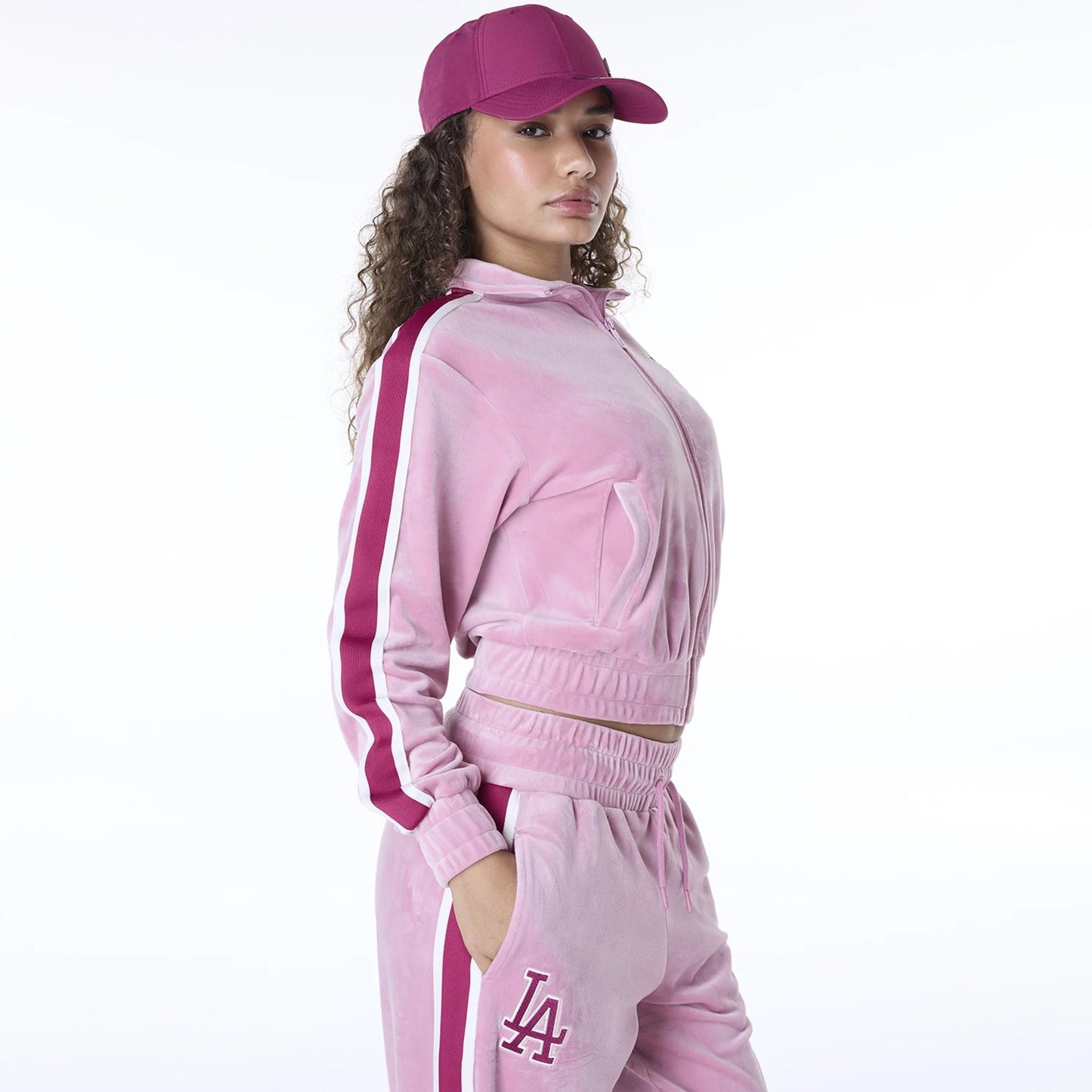 The Female model is wearing LA Dodgers Womens MLB Velour Dark Pink Track Jacket 8