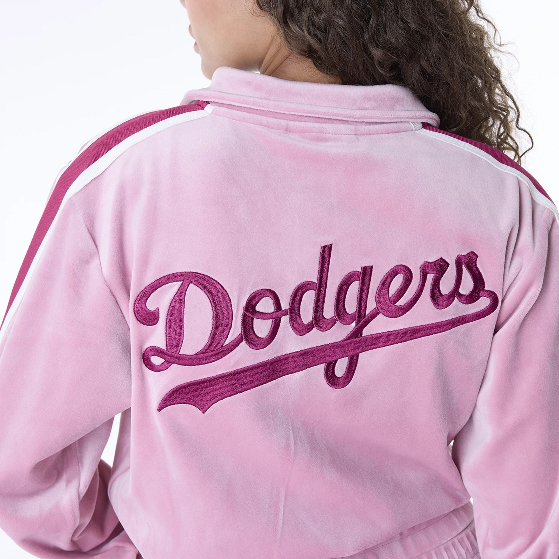 The Female model is wearing LA Dodgers Womens MLB Velour Dark Pink Track Jacket 7