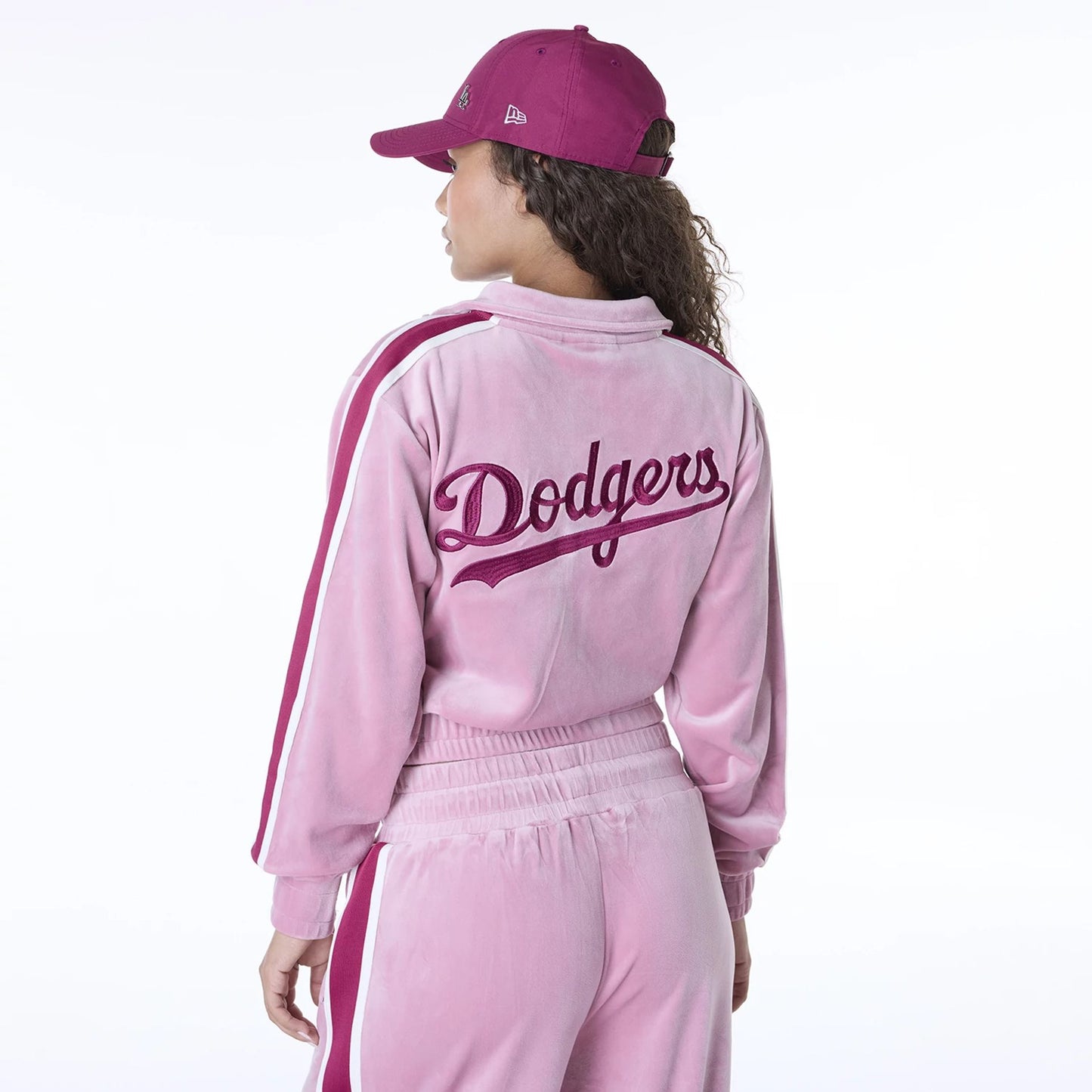 The Female model is wearing LA Dodgers Womens MLB Velour Dark Pink Track Jacket 5