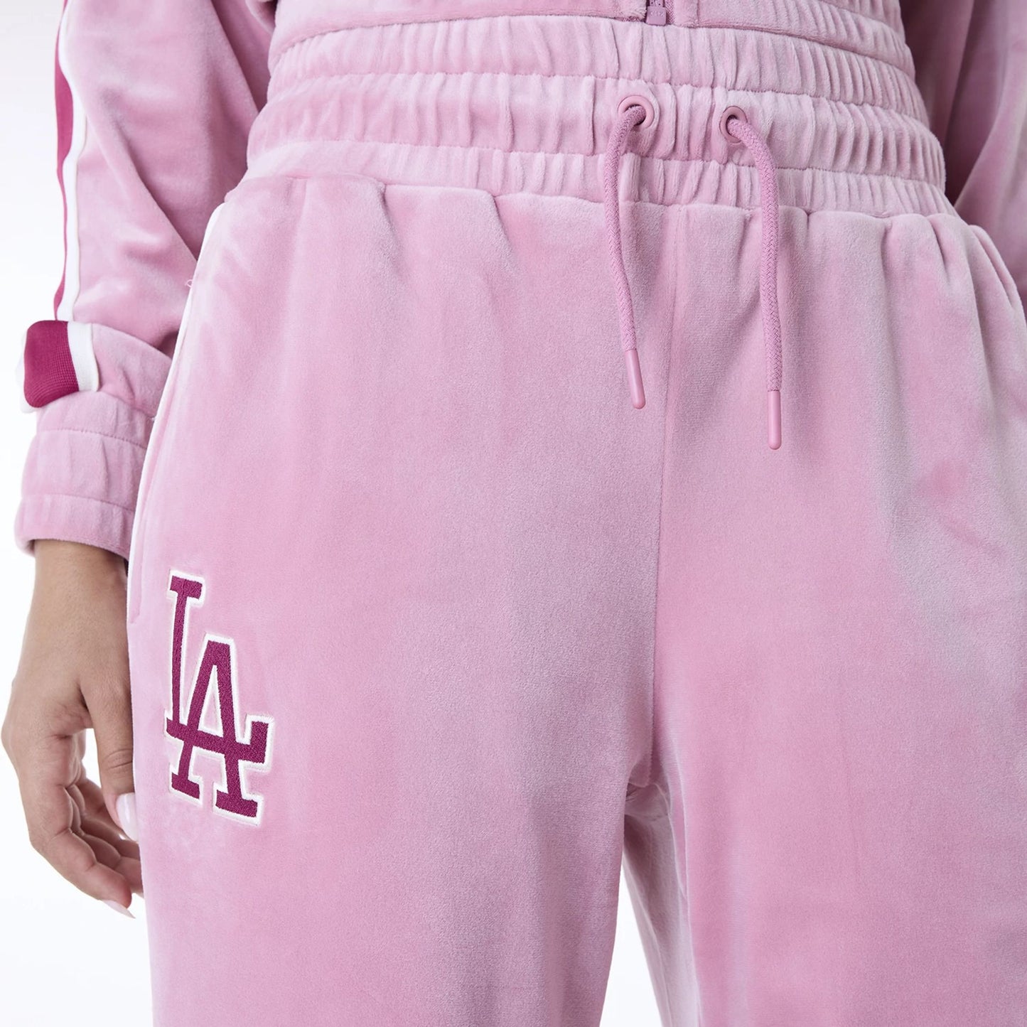 The Female model is wearing LA Dodgers Womens MLB Velour Dark Pink Joggers 6