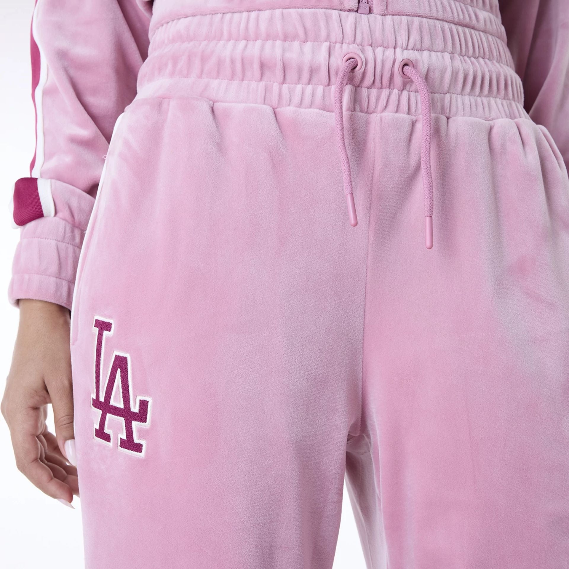 The Female model is wearing LA Dodgers Womens MLB Velour Dark Pink Joggers 6