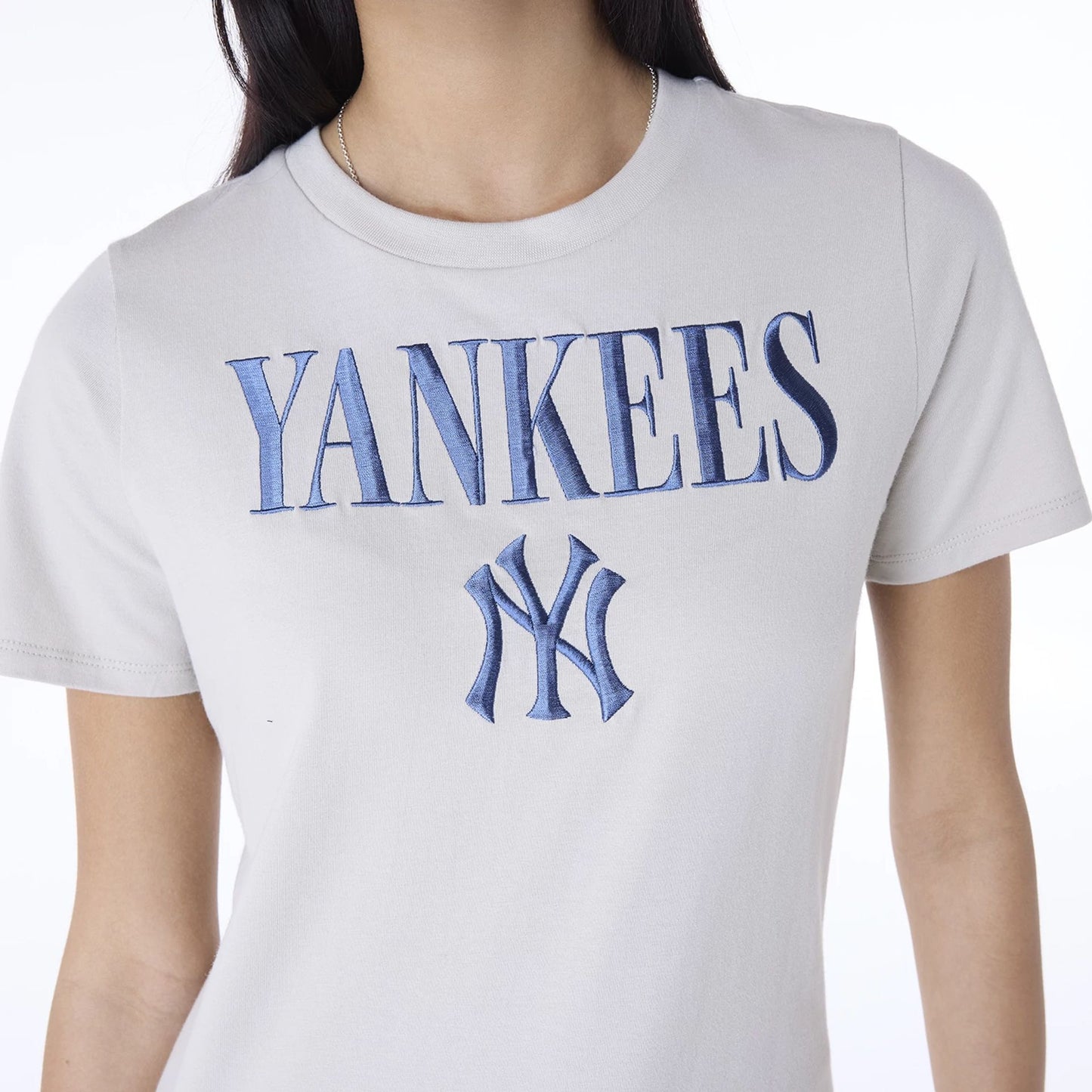 The Female model is wearing New York Yankees Womens MLB Light Beige T-Shirt 8