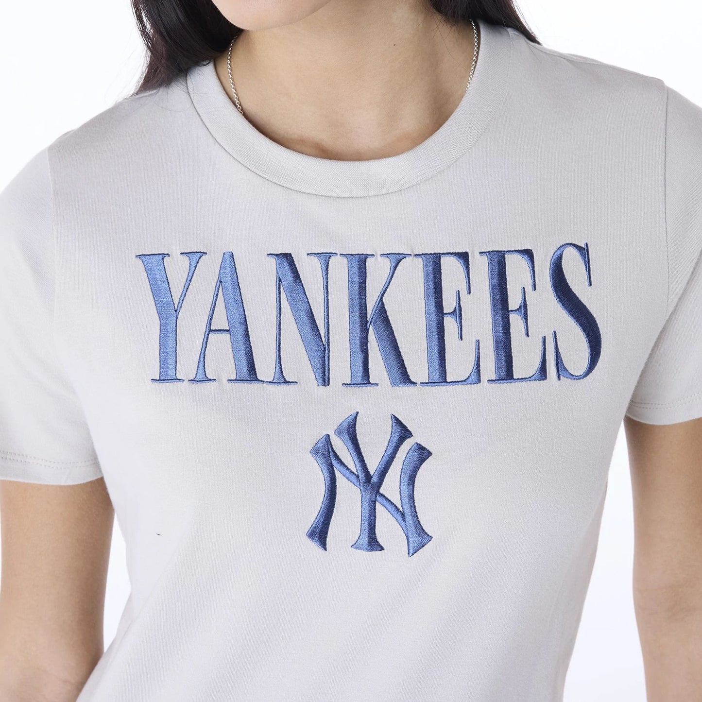 The Female model is wearing New York Yankees Womens MLB Light Beige T-Shirt 6