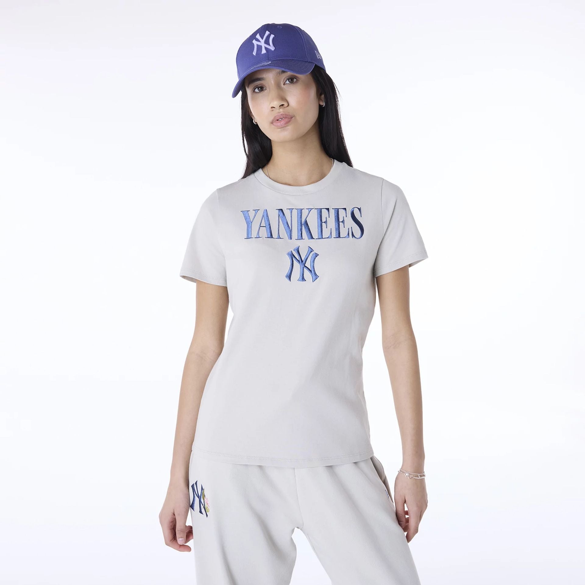 The Female model is wearing New York Yankees Womens MLB Light Beige T-Shirt 1