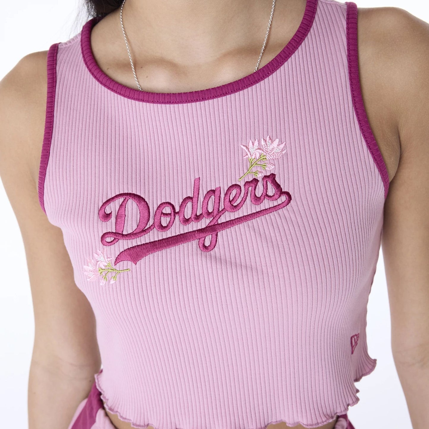 The Female model is wearing LA Dodgers Womens MLB Floral Dark Pink Vest 7