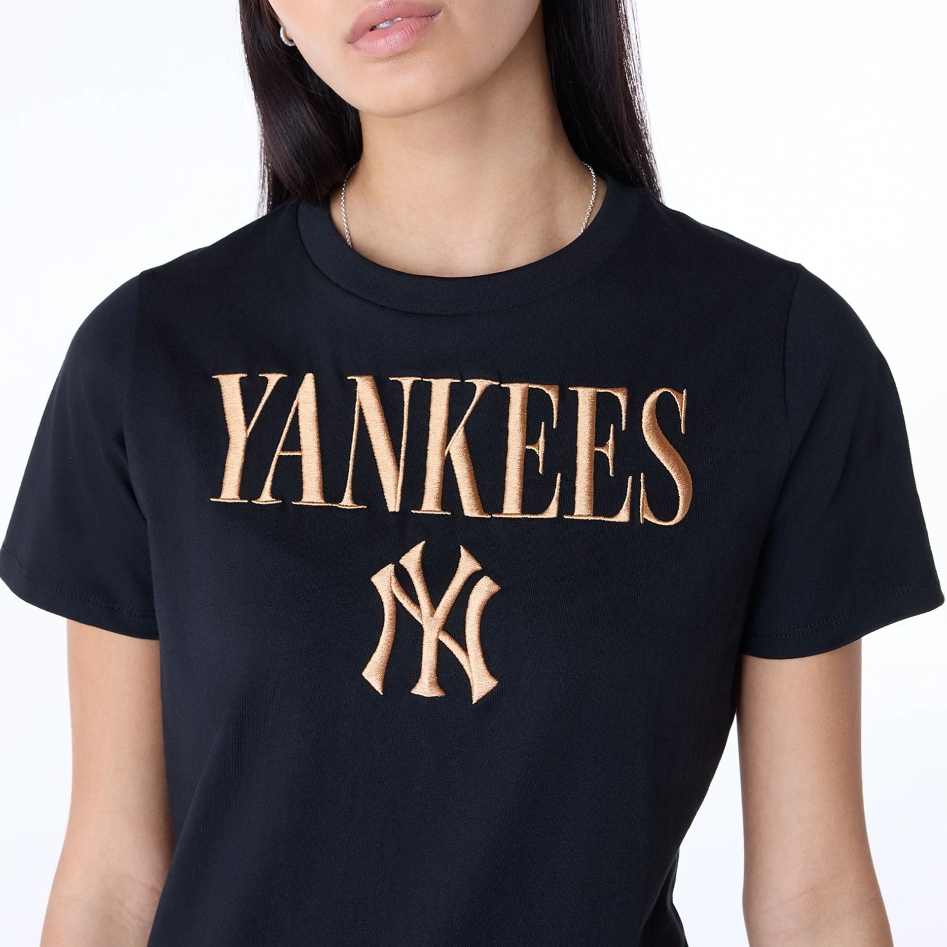 The Female model is wearing New York Yankees Womens MLB Black T-Shirt 6