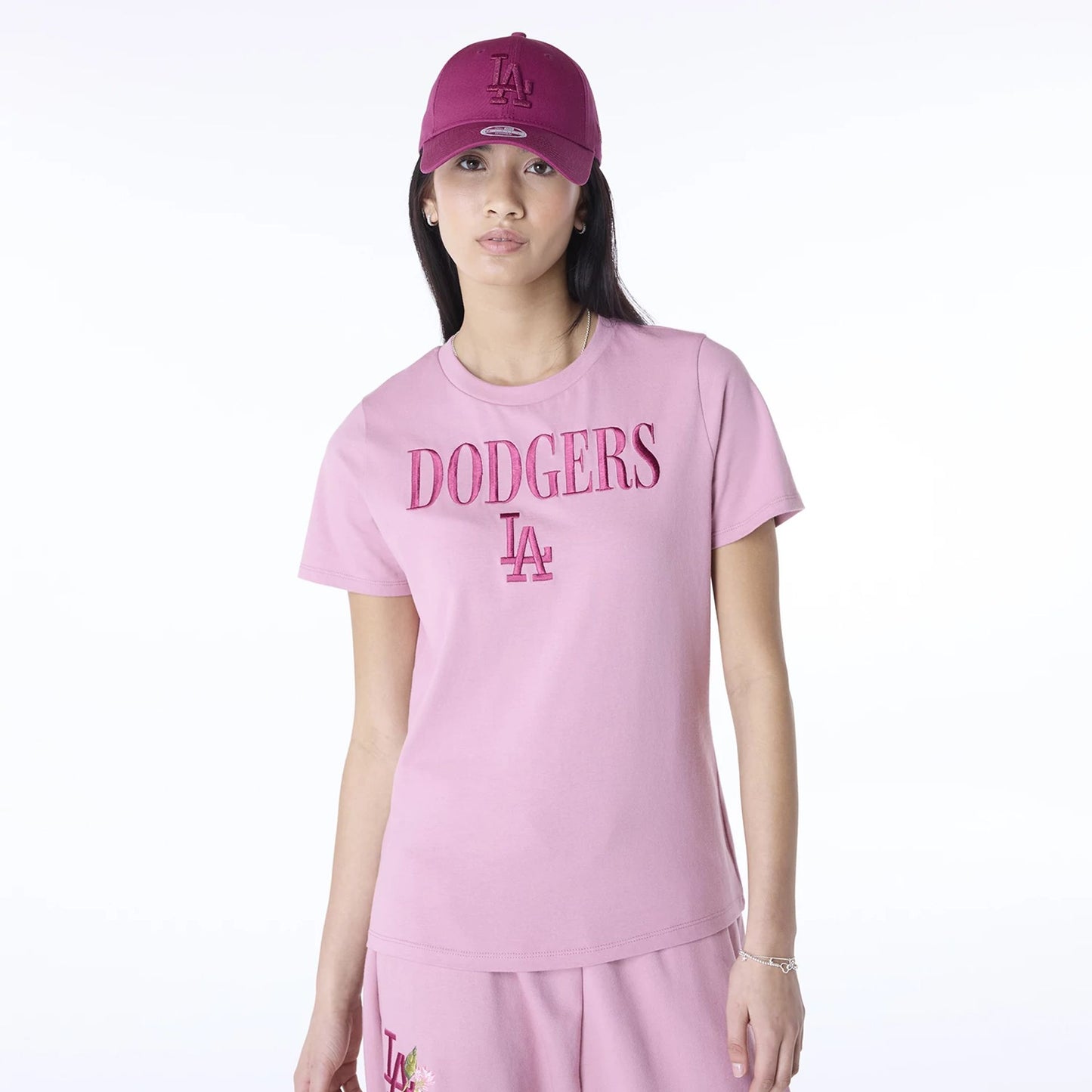 The Female model is wearing LA Dodgers Womens MLB Dark Pink T-Shirt 1