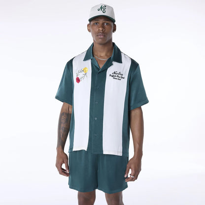 The Male model is wearing New Era Stripe Revere Dark Green Short Sleeve Shirt 1