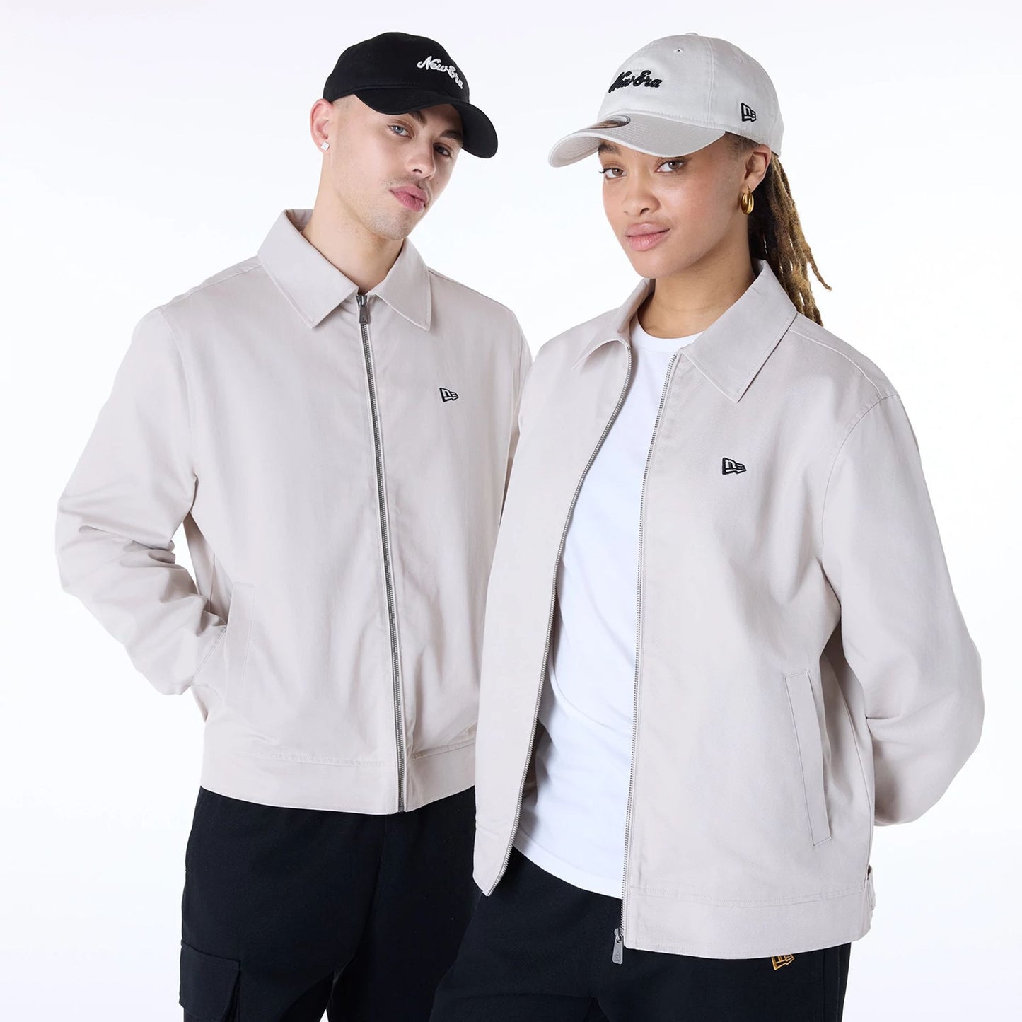 The Male model is wearing New Era Collared Cream Jacket 1