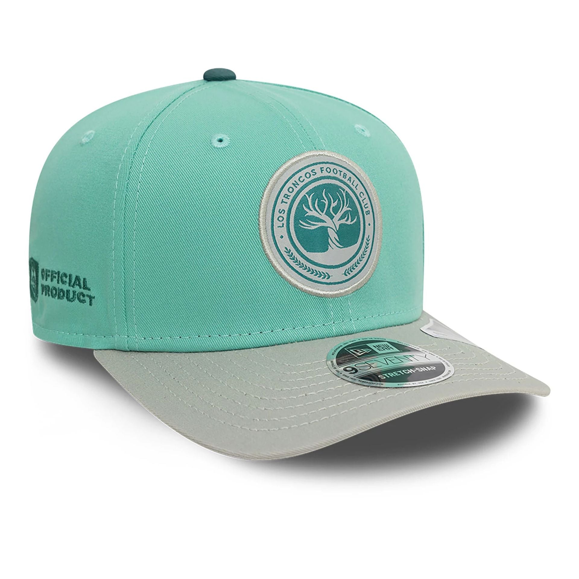 This is a Los Troncos FC Kings League Draft Turquoise 9SEVENTY Stretch Snap Adjustable Cap 1