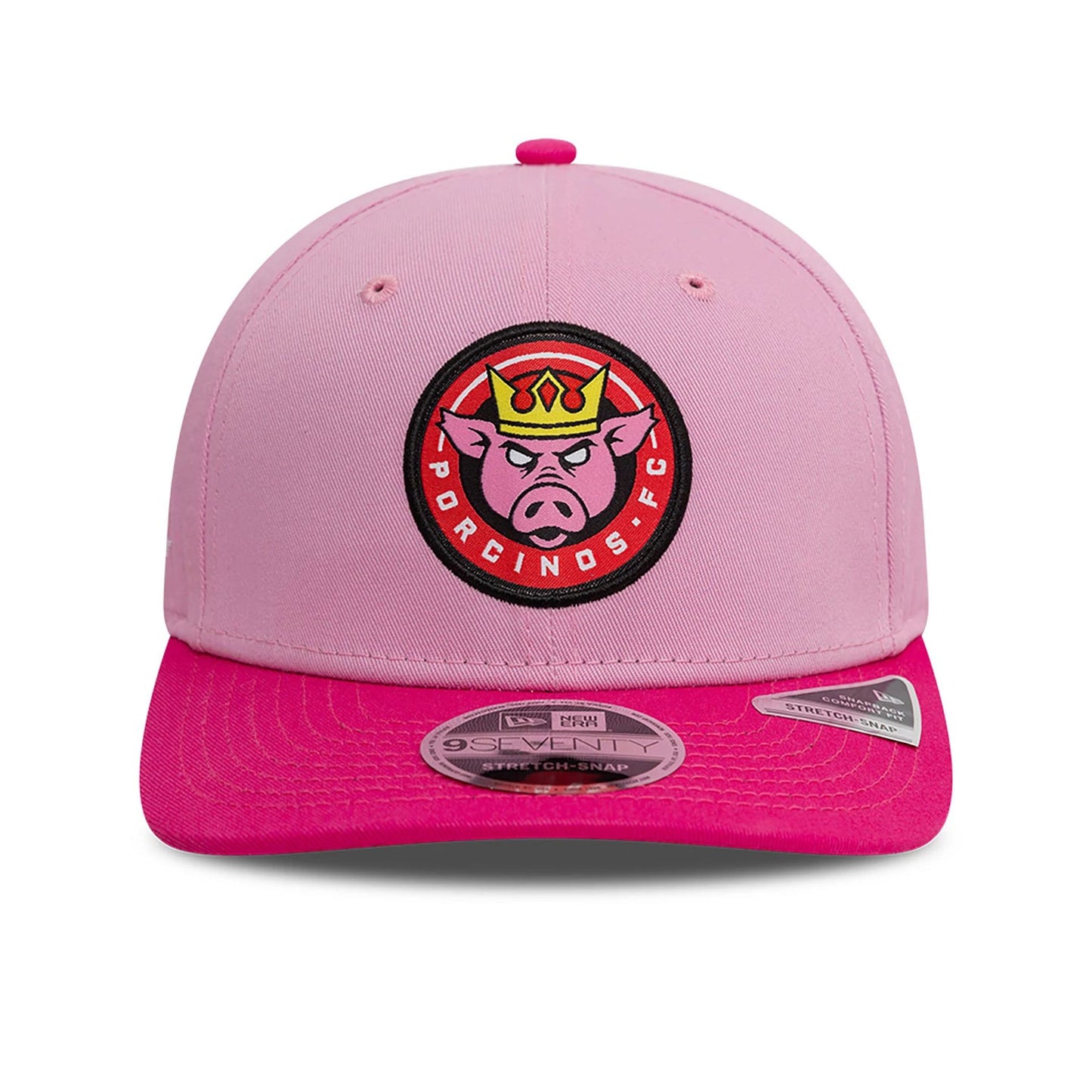 This is a Porcinos FC Kings League Draft Pastel Pink 9SEVENTY Stretch Snap Adjustable Cap 2