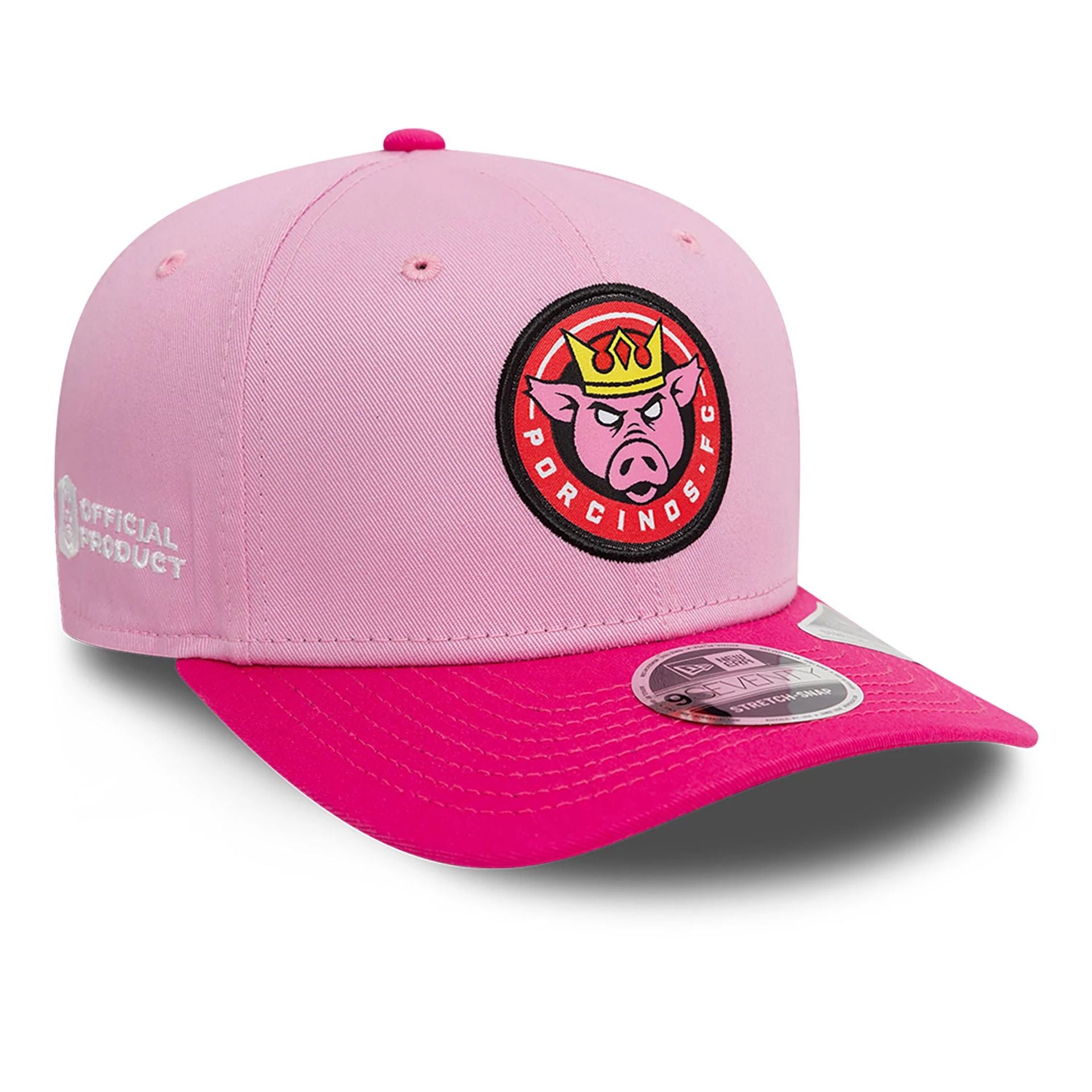 This is a Porcinos FC Kings League Draft Pastel Pink 9SEVENTY Stretch Snap Adjustable Cap 1