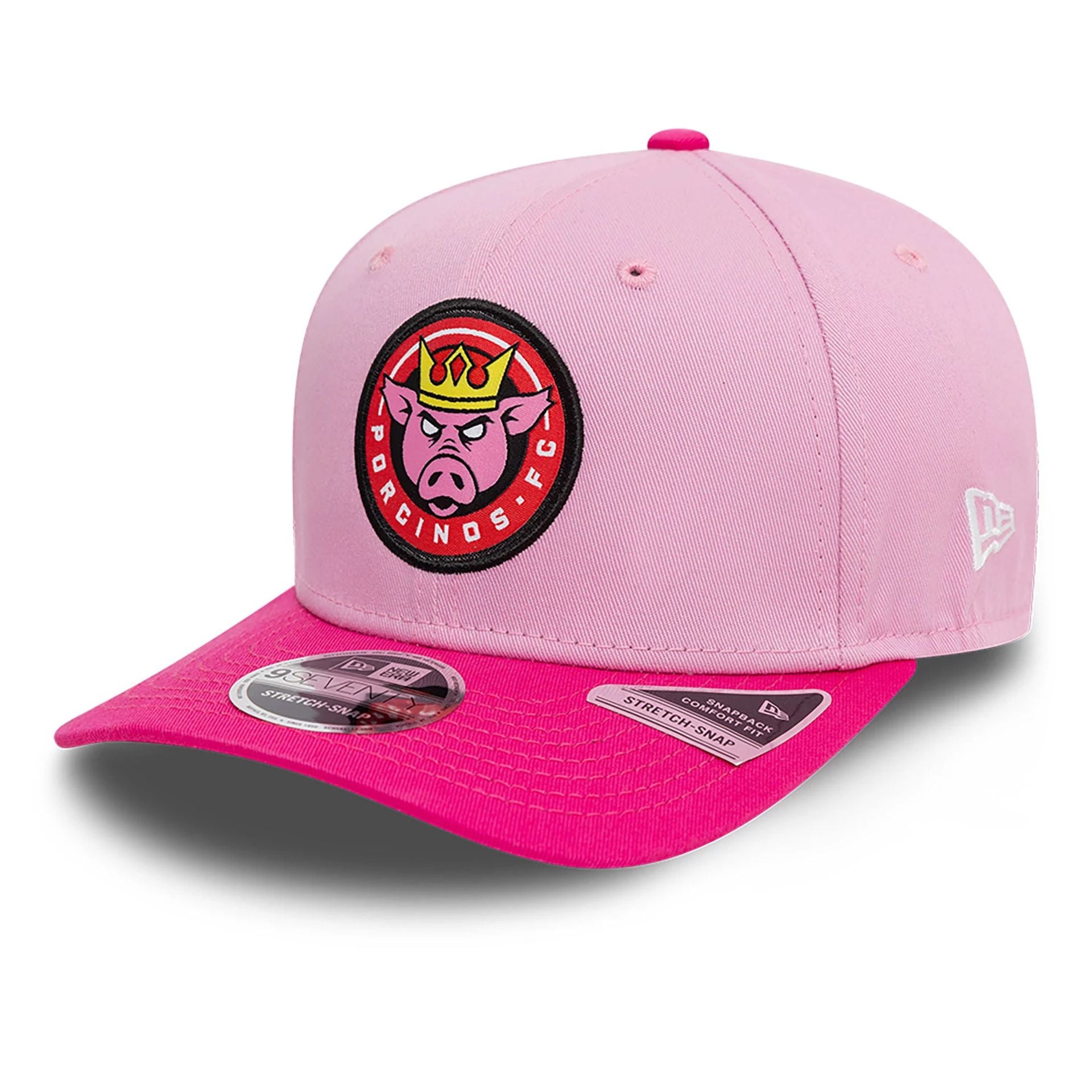 This is a Porcinos FC Kings League Draft Pastel Pink 9SEVENTY Stretch Snap Adjustable Cap 3